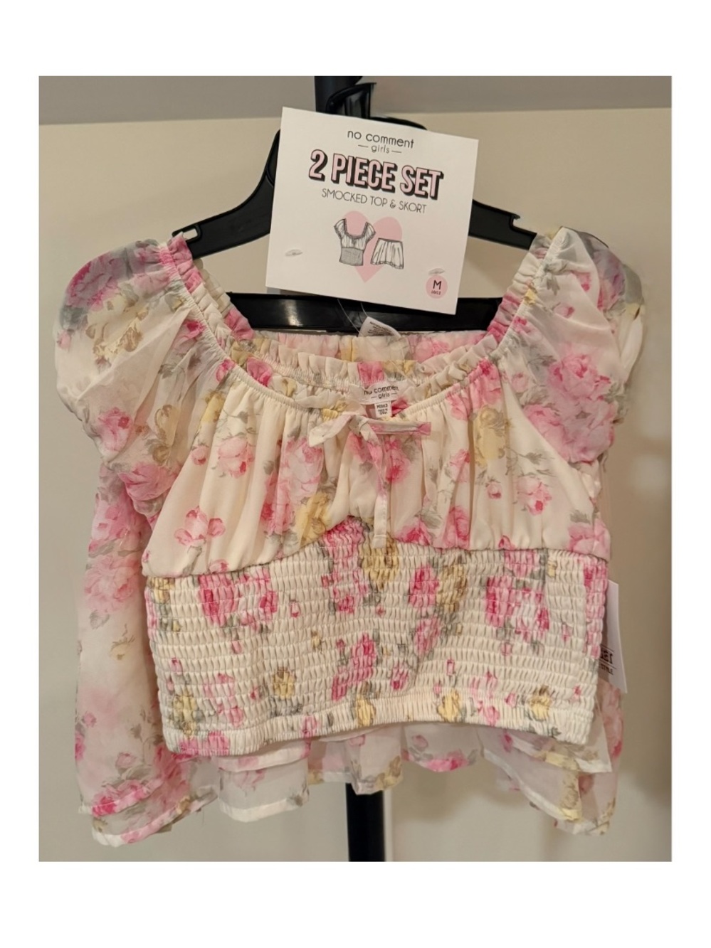No Comment nwt size medium 10/12 Girls Pink Floral Smocked Top and skort set